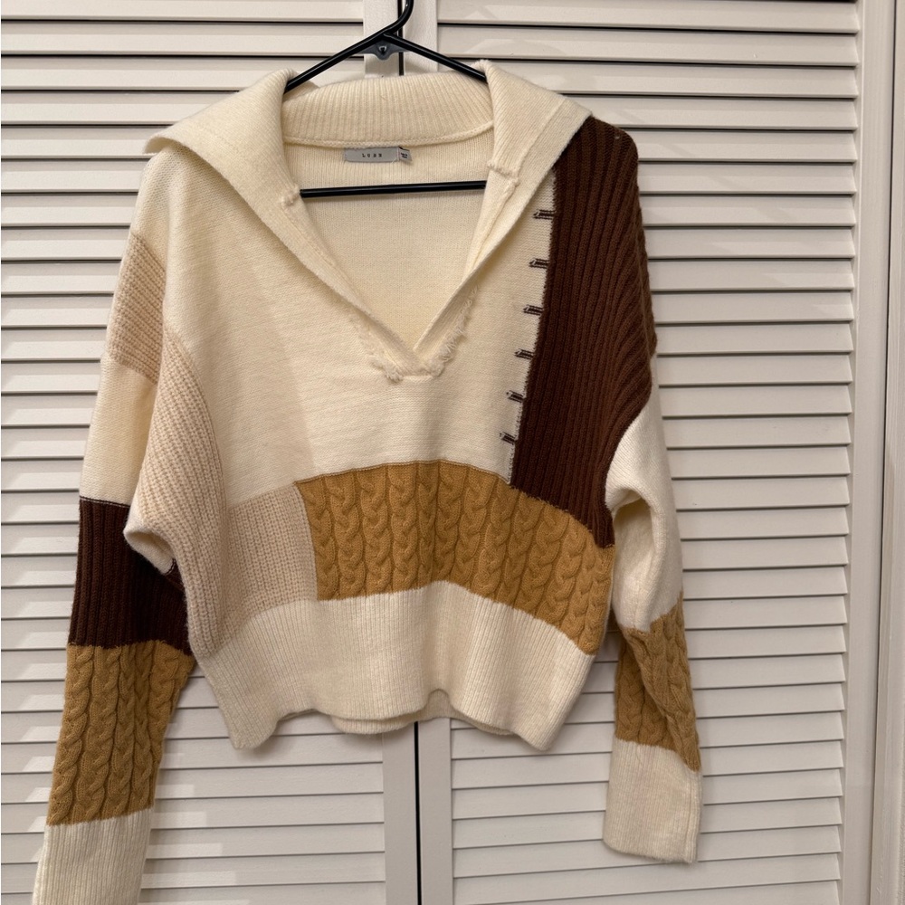 Lush Cream and Brown V-Neck Sweater